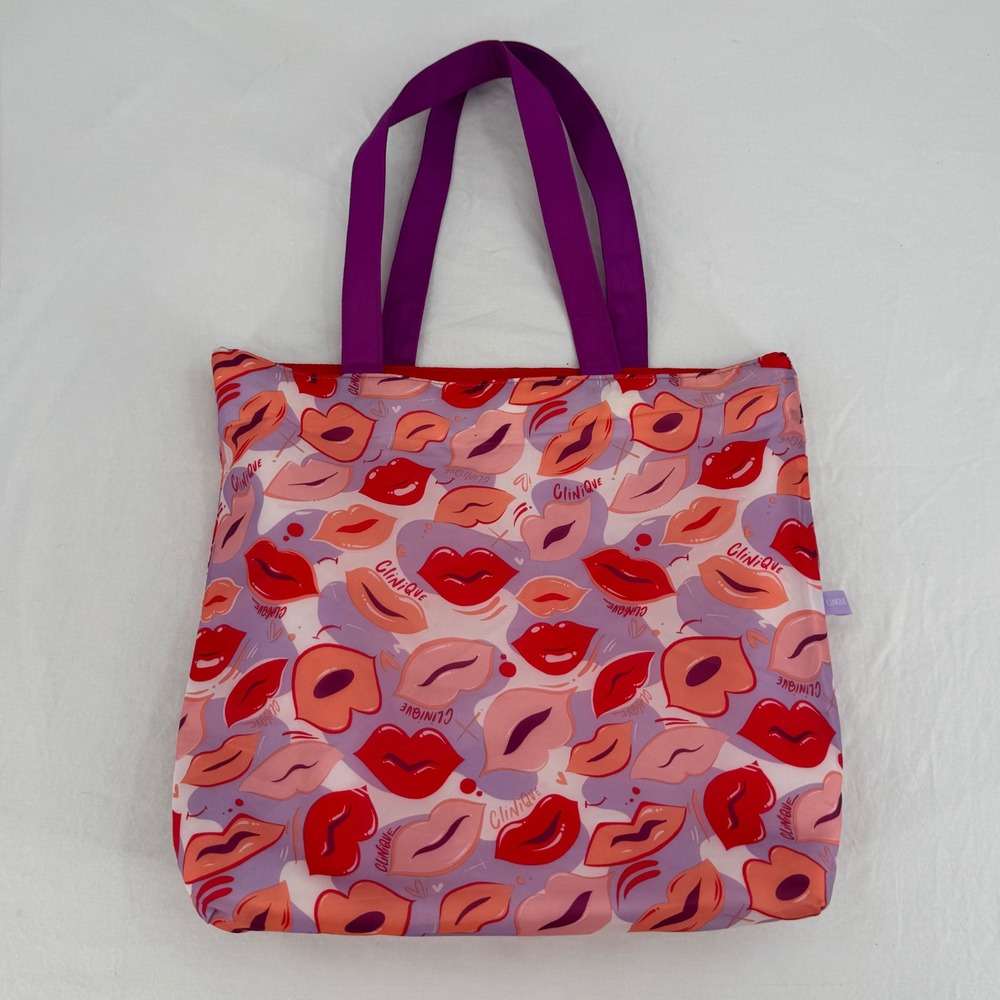 Clinique Reversible Red Lips Print Graphic Shoulder Bag Foldable Makeup Tote
